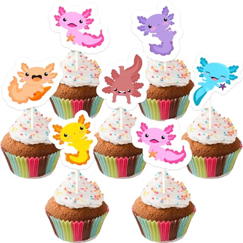 Sursurprise Axolotl Cupcake-Topper, Cartoon-Salamander-Cupcake-Picks für Newt, Geburtstag, Babyparty, Reptilien, Amphibien, Tiere, Party-Dekorationen, Zubehör, 36 Stück