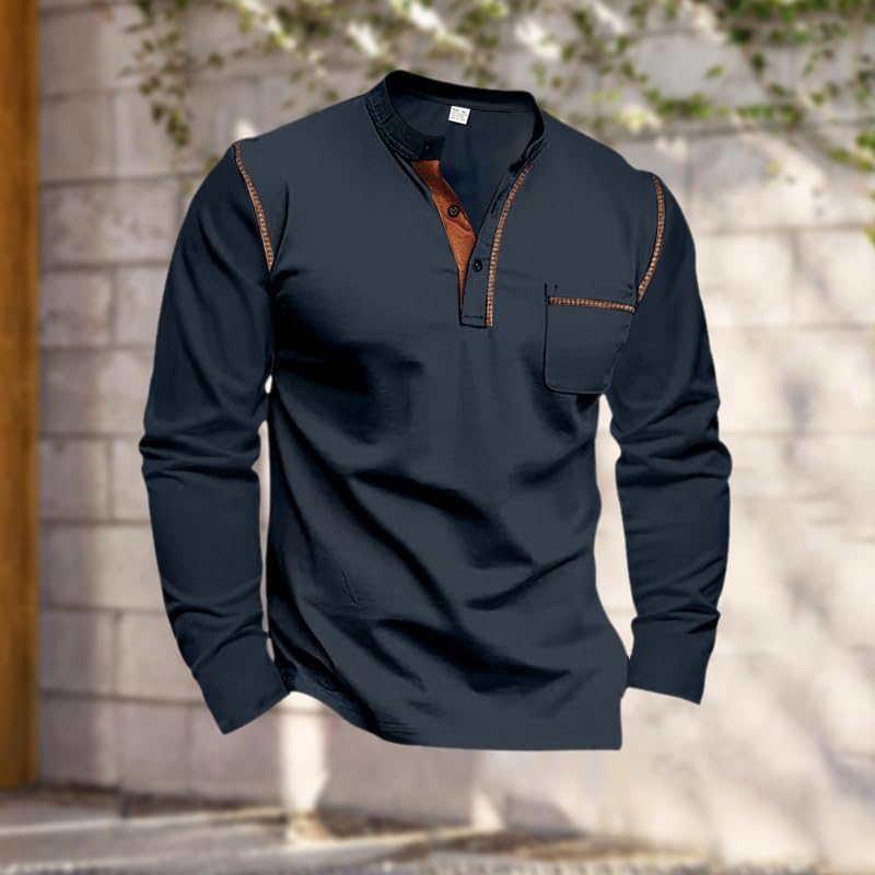 Men Henley Shirts Long Sleeve Top 3 Button Up Casual Loose Fit Pullover T-Shirts with Pocket