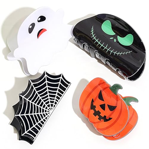 4 Pack Halloween Hair Claw Clips for Women Girls Pumpkin Ghost Spider Web Bat Gothic Horror Hair Clips Halloween Hair Accessories