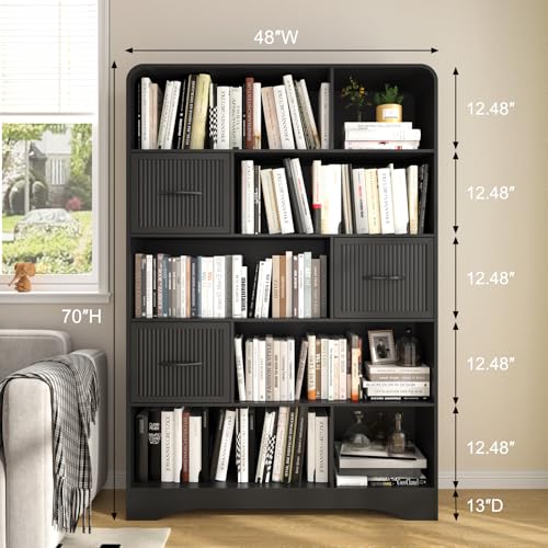 70" Book Shelf and Bookcase, Tall Bookshelf with Drawers, 48" Wide Modern 5 Tier Bookcase with 3 Bins Storage, Large Wood Display Cabinet with Adjustable Bin Storage for Living Room,Black - Image 3