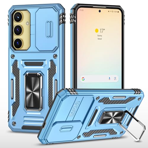 Image of Polycarbonate Slide Camera Cover with Ring Holder Mobile Phone Back Cover for Samsung Galaxy S24 Plus /S24+ (Blue)