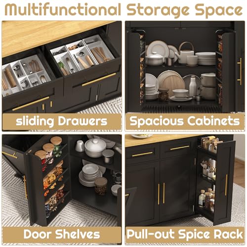 69\" Large Kitchen Island on Wheels, Kitchen Rolling Island Cart with Trash Storage Cabinet, Power Outlet, 3-Tier Pull-out Storage Trays, Drop Leaf, Spice Rack, Mobile Island Table for Kitchen, Black