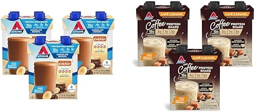 Atkins Batido de proteína de chocolate y plátano, 0.55 onzas de proteína y café caramelo, batido de proteína de café helado, 0.55 onzas de proteína,