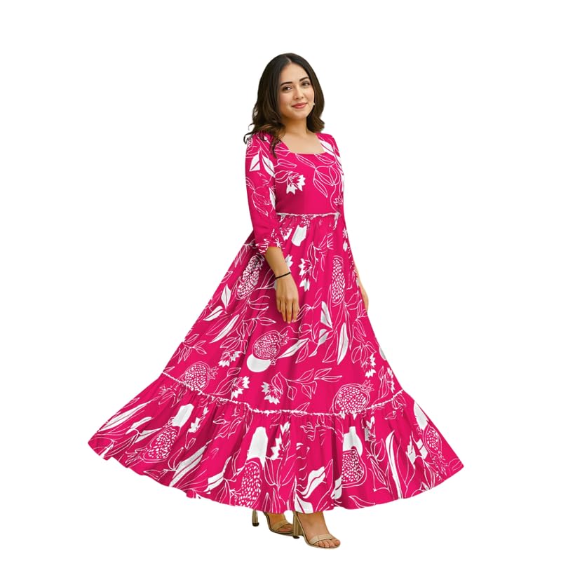 B_F_Women's Floral Printed Rayon Gown | Full Length A-Line Maxi Dress with 3/4 Sleeves_BARLIN-11-image-39