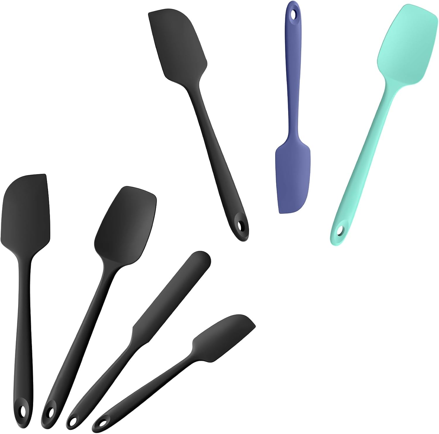 Doosu 600°F Heat Resistant Spatula Set of 4 for Kitchen Cooking Baking Stirring Mixing(Black) & 3-Piece Silicone Spatulas Food Grade Seamless Rubber Scrapers Baking Supplies (Black+Lake Blue+Aqua Sky)