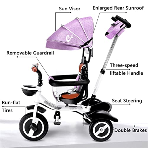 LSHAN 4 in 1 Kinderdreirad Trike Kinderwagen, Kinder-Pedal-Jogger Dreirad mit Schubstange/Abnehmbares faltbares Verdeck… – Bild 4