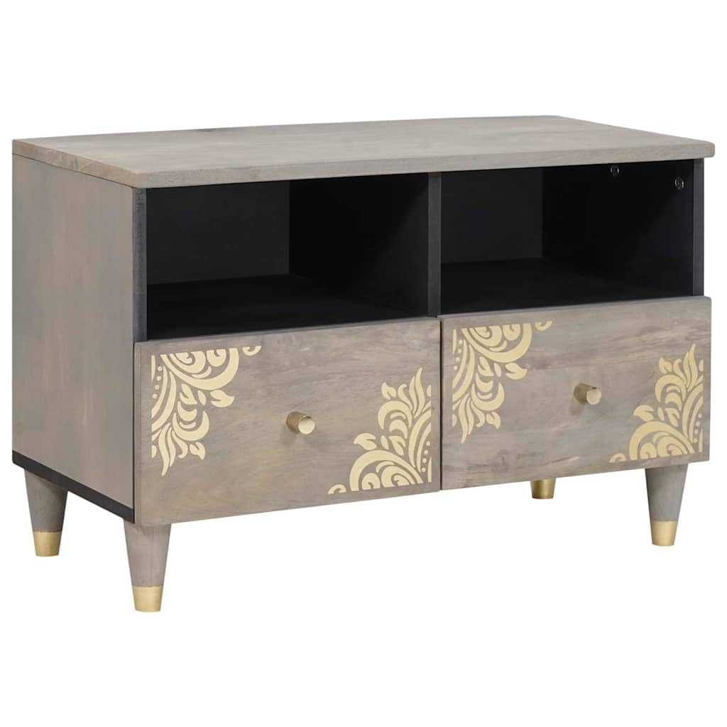 Mueble de TV gris de madera de mango macizo 70x33x46 cm con asas de latón