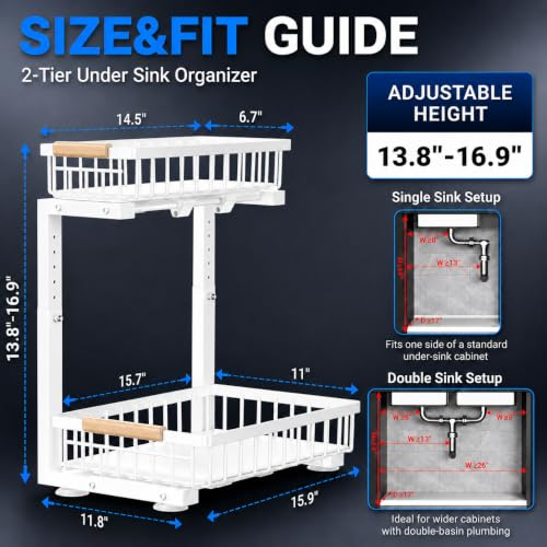 Image of Under Sink Organizer 2 Pack, Double Slide Out Metal Shelf, White