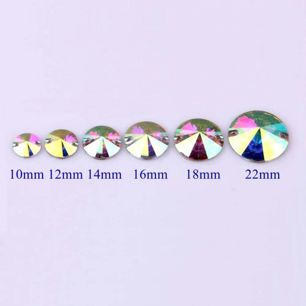 10 mm bis 22 mm Strasssteine zum Aufnähen aus Kunstharz, runde Form, AB-Farbe, flache Rückseite, Strasssteine mit 2 Löchern für Kleidung, Kleider, Kleidungsstücke, 16 mm, 20 Stück, 10 Packungen