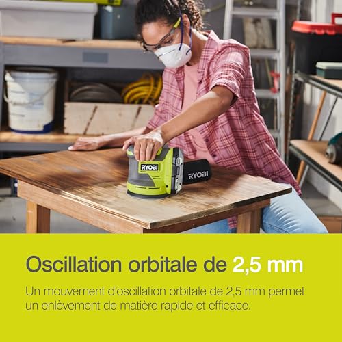 RYOBI - Ponceuse Excentrique Sans Fil 18V ONE+ RROS18-0 – Plateau Ø125 mm, Collecteur de Poussière, Mouvements Orbitaux Puissants – Finition Bois, Peinture, Métal – Batterie Non Incluse
