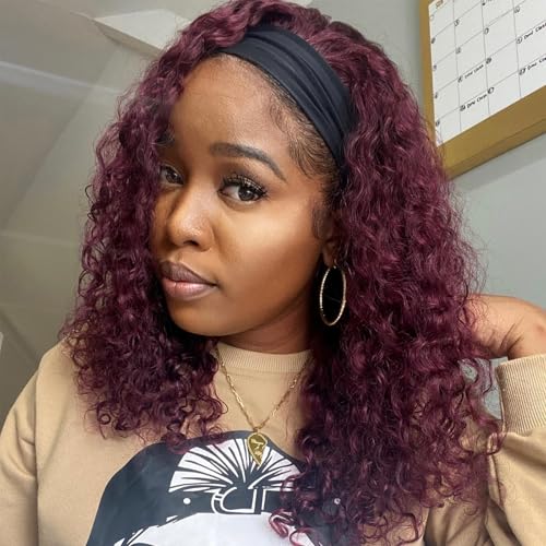 Image of Punmasa Headband Wig Human Hair Deep Wave 99J Human Hair Headband wigs for women Glueless None Lace Front Wig Machine Made 150% Density human hair headband wig 12 Inch