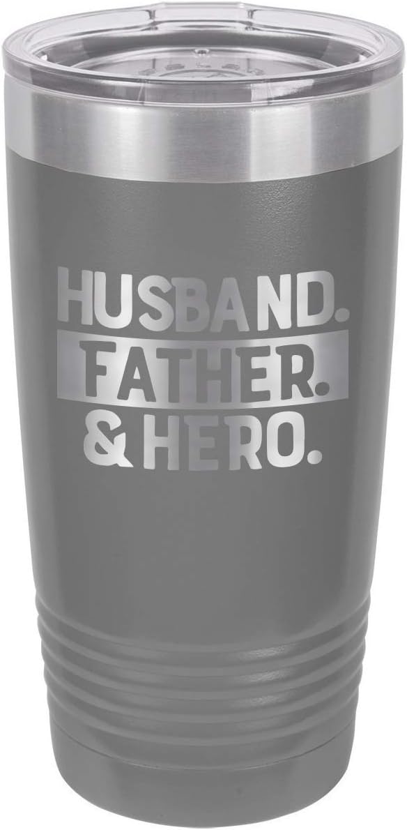 HUSBAND FATHER HERO BLACK 20 oz Drink Tumbler With Straw | Laser Engraved Travel Mug | Compare To Yeti Rambler | Gift Idea Dad For Father's Day & Birthday | OnlyGifts.com