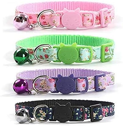 CHUKCHI 4 Pcs Cat Collars Safety Quick Release with Bell-Adjustable Cat Collar with Small Floral Colorful Patterned Soft Strong Nylon Strip for Cat, Pup, Kitty