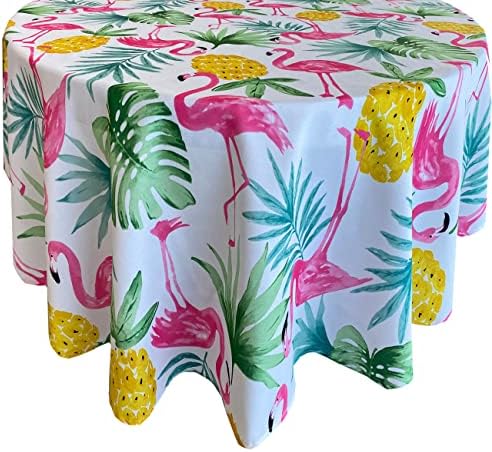 Newbridge Kitschy Boca Flamingo Indoor/Outdoor Fabric Tablecloth - Tropical Pineapple and Palms Soil Resistant, Water Repellent Fabric Tablecloth, 70 Inch Round