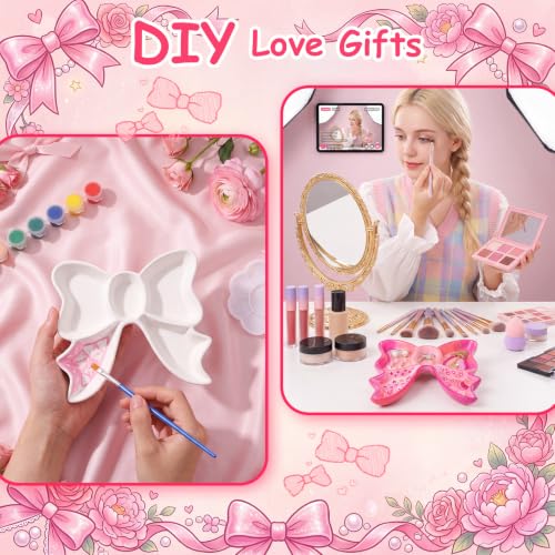 Image of Zubebe 6 Set Ceramics to Paint Bow Jewelry Tray Kit Ready to Paint Ceramics Ring Dish Holder DIY Unpainted Plates Trinket Dish Tray Crafts with Brush Palette for Mother's Day Valentine Wedding Gift