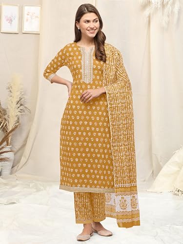 Image of MIRCHI FASHION Pure Cotton Straight Kurta Set with Dupatta | 3 Piece Ethnic Kurta Pant Set Office Wear Salwar Kurta Set for Women