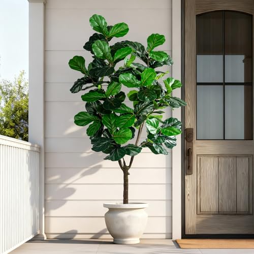Image of Erimda Artificial Fiddle Leaf Fig Tree 7ft with White Planter Realistic Fiddle Leaf Lyrata Plant Tall Fake Tree with Natural-Looking Leaves Fake Tree for Indoor Outdoor Home Office Decor