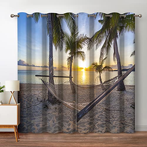Jekeno Ocean Palm Trees Blackout Curtains Beach Sky Sunshine Seascape Decor for Bedroom Living Room Grommet Window Drapes 2 Panel Set, 42"x63"