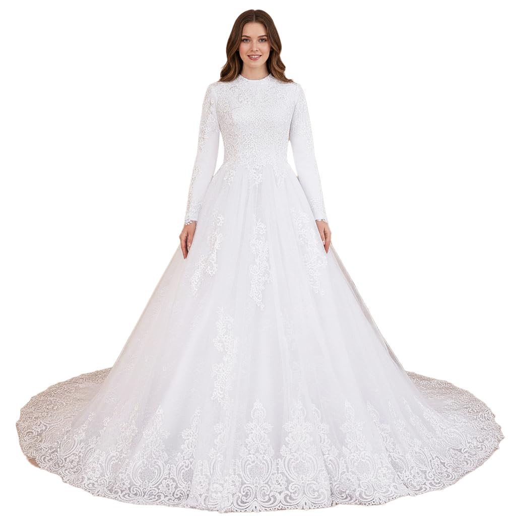 Abito da Sposa principesco Perline Pizzo Manica Lunga Grand Vestito da Sposa Lungo Treno BA-MU570