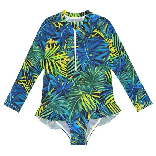 CHIFIGNO Long Sleeve One Piece Swimsuits Girls Leopards Leaves Blue Green Girl Bathing Suit 3T
