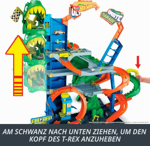 Hot Wheels City Ultimative T-Rex Garage und 2 Druckguss-Spielzeugautos – Ansicht 3