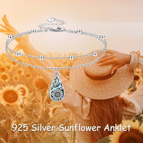Image of POPLYKE 925 Sterling Silver Double Layered Chain Evil Eye Daisy Sunflower Butterfly Anklets for Women Holiday Beach Crystal Ankle Bracelet Dainty Evil Eye Jewelry