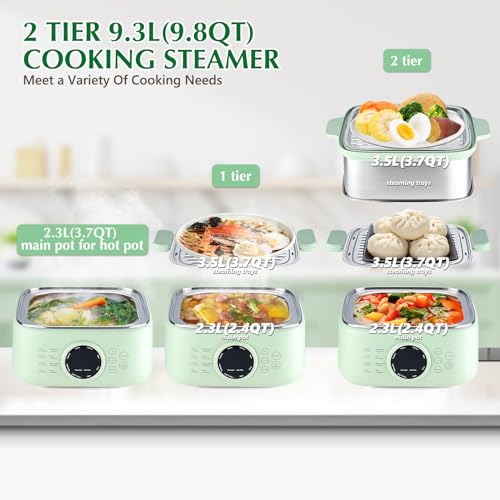 spoonlemon Electric Food Steamer, 9.3L 2-Tier Digital Steamers for Cooking with 24H Booking & 6H Auto Warming, 8 Modes Fast Heating Vegetable Steamers Stainless Steel with Boil Dry Protection, Green