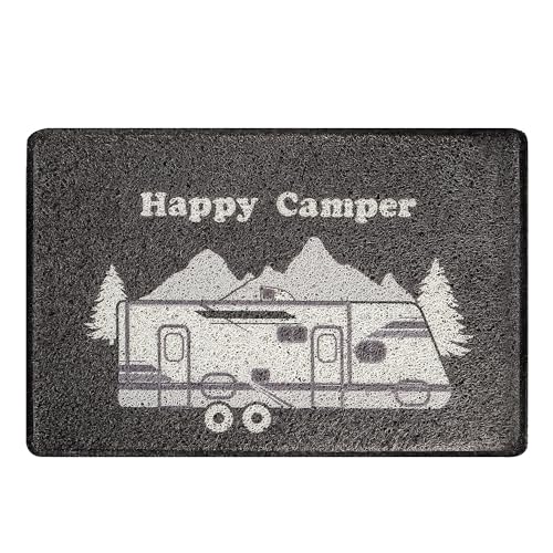 Aucuda Happy Camper RV Doors Mat for Indoor Outside Entrance, Camper Entrway Welcome Mats for Front Door, RV, 24'x16' Non-Slip Outdoor Mat for Summer, Waterproof Camping Door Mat Trap Dirt, Grey Car.