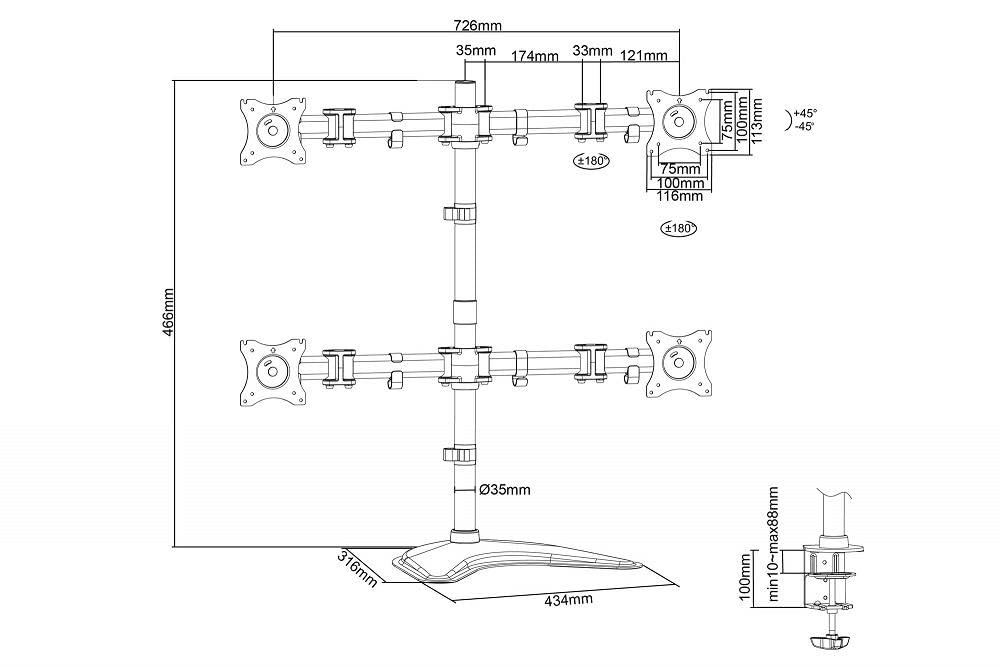 DIGITUS Supporto per monitor - Supporto - 4 monitor - Fino a 27 pollici - Fino a 4x 8 kg - VESA 75x75, 100x100 - Nero