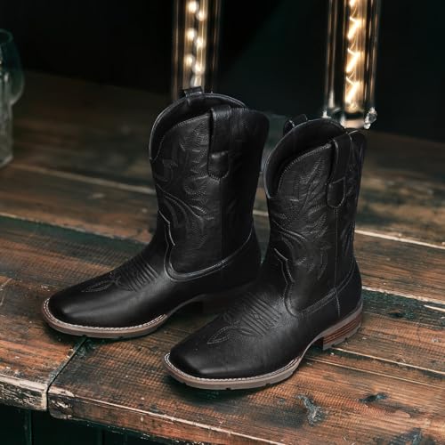 Image of Lumeheel Cowboy Boots for Men - Western Men's Boots with Classic Embroidered, Slip on Square Toe Boots, Slip Resistant Country Boots Chunky Heel Ankle, Durable Short Boots for Spring Fall