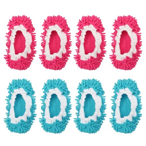 Image of MECCANIXITY Mop Slippers Washable Microfiber Floor Cleaning Shoes Cover Chenille Duster Foot Socks Tools for House Clean, Blue /Fuchsia 8 Pack