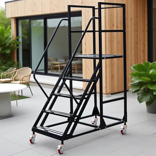 Image of 5 Step Rolling Ladder - Mobile Rolling Stairs with Wheels, Heavy Duty Industrial Safety Non-Slip Metal Rolling Ladders, 1100lbs Capacity, for Warehouse, Garage, Supermarket
