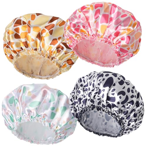 Shower Caps for Women, 4 PCS Elastic and Reusable Bath Caps, Double Layers Shower Cap Reusable Waterproof, Bathing Shower Caps, Environmental Bath Hair Protection Cap - Stone