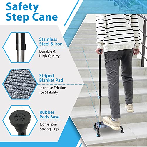 Stair Climbing Cane Half Steps For Stairs Lifts Seniors Elderly Stair Cane Walking Aids For Stability 4 Prong Base Adjustable Sticks Stair Helper Assist Devices Mobility Aids Equipment - Black #TOP2