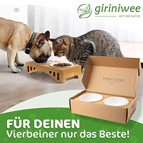 giriniwee Qualitäts Futter Bar mit Zwei super flachen 250ml Porzellannäpfen im Bambusgestell, erhöhte Doppelschale für Katzen, Kitten, kleine, Mini oder Zwerghunde, Toy Dogs & andere kleine Haustiere