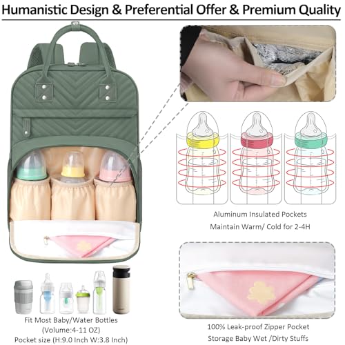Image of Tenot Diaper Bag Backpack Tote with Insulated Pockets for Men Baby Boys Girls Newborn Unisex Tactical Large Capacity, Multifunctional Waterproof Green