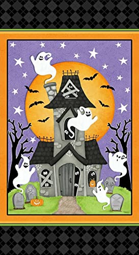Quality Fabric Halloween Fabric Ghostly Glow Town Haunted House 100% Cotton by 24 x 44 Panel