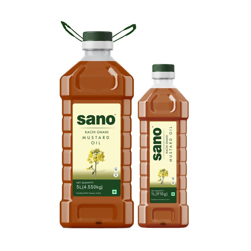 Image of Sano Pure and Aromatic Kachi Ghani Mustard Oil - 5 Litre + 1 Litre Pack Pet Bottle | 100% Natural, Ideal for Cooking, Pickling, and Health Benefits | Mustard Oil