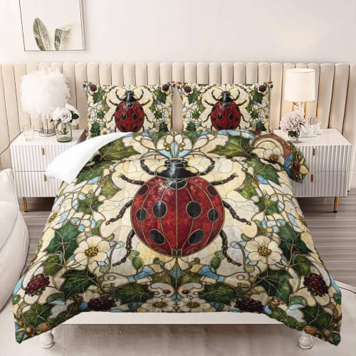 Image of AILONEN Queen Comforter Set 3 Piece, Red Ladybug Blossom Vine 3D Printed Bedding with 2 Pillowcases, Soft Lightweight Microfiber Cottage Decor for Master Suite