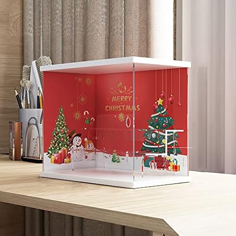 DuvinDD Acrylic Display Case with Christmas Painted Backdrop, 3-Tier Clear Funko POP Display Case with Light Strip, Countertop Acrylic Boxes for Display Collectible, Dustproof Showcase Cover