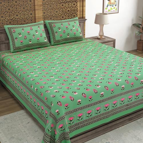 Image of BLOCKS OF INDIA Hand Block Printed 200 TC Cotton Super King Size Bedsheet(106 x 106) | Pack of 1, Batik Green Flower