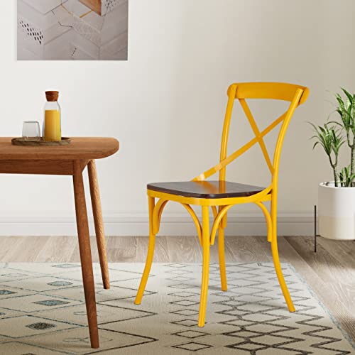 Amazon Brand - Solimo Tortel Chair with Wooden Seat (Iron, Yellow, 2 Pieces)