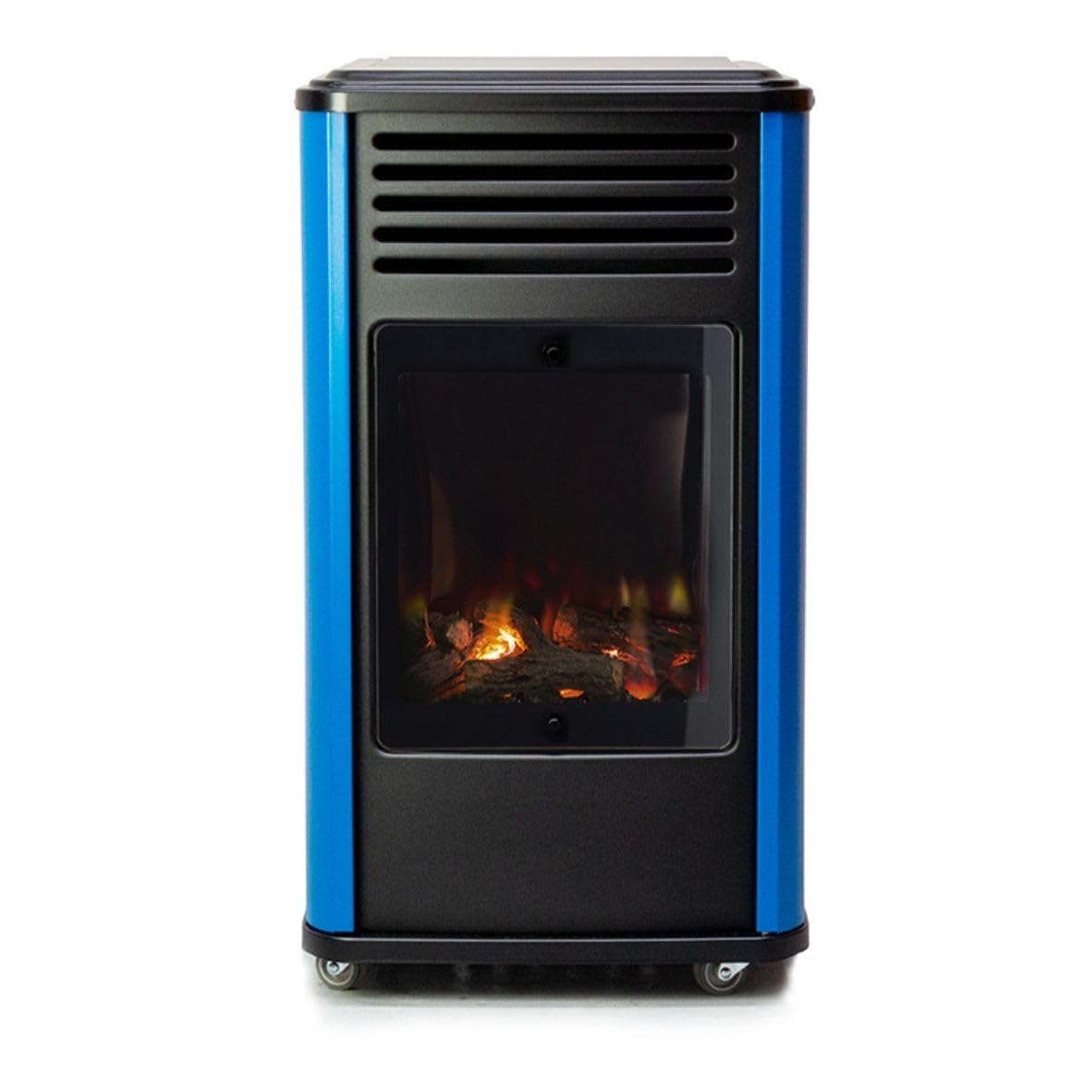 Sahara - Poêle à gaz 3,4KW Bleu et Noir Effet poêle à Bois Manhattan Chauffage d'appoint + Tuyau gaz + Détendeur Butane