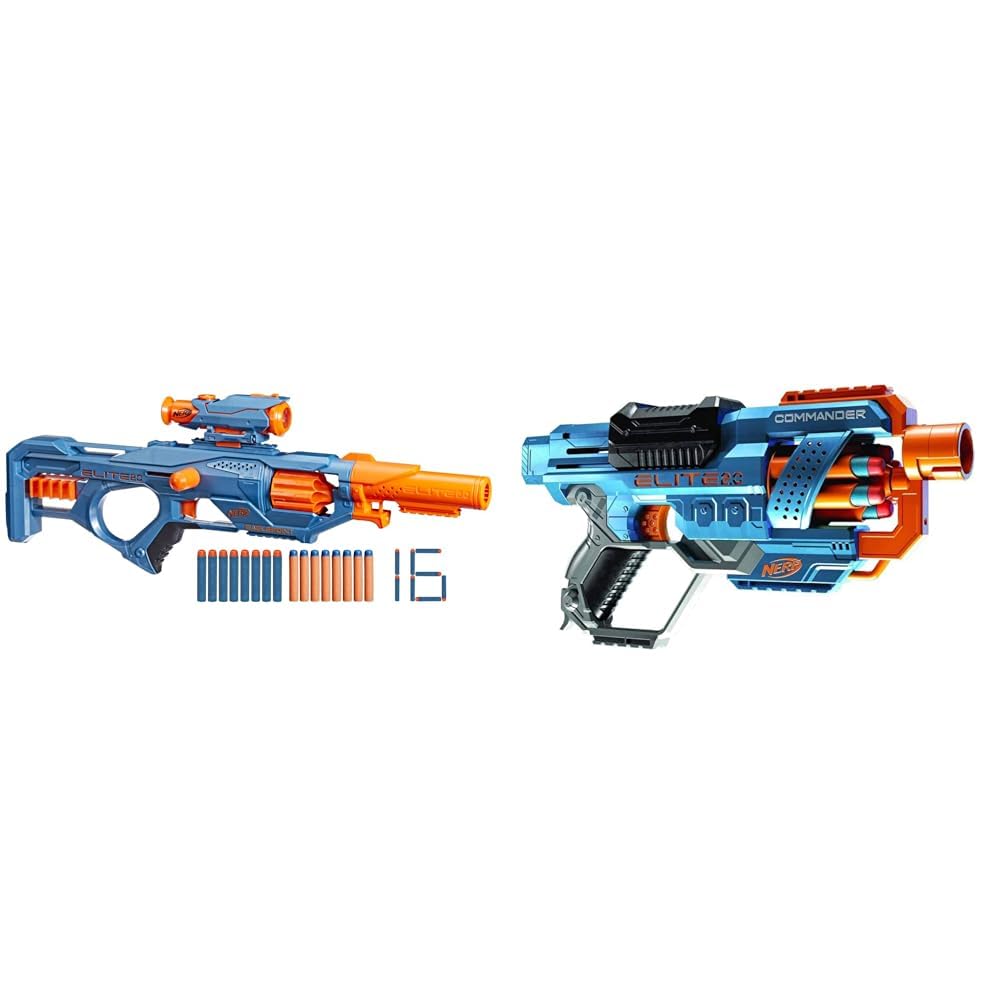 Nerf Elite 2.0, Lanzador Eaglepoint RD-8, Tambor de 8 Dardos, Cañón, Mira Nerf & Lanzador Elite 2.0 Commander RD-6, 12 Oficiales, Tambor rotatorio de 6 Dardos
