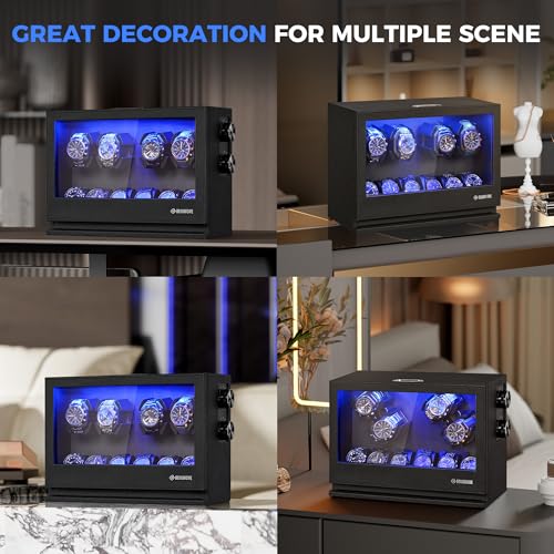 BEWISHOME Watch Winders for Automatic Watches, 4 Watch Winder and 6 Watch Display Case with Led Light 4 Modes, Automatic Watch Winder Box with Japanese Quiet Motor USB-C Adapter, Black SYQ04B