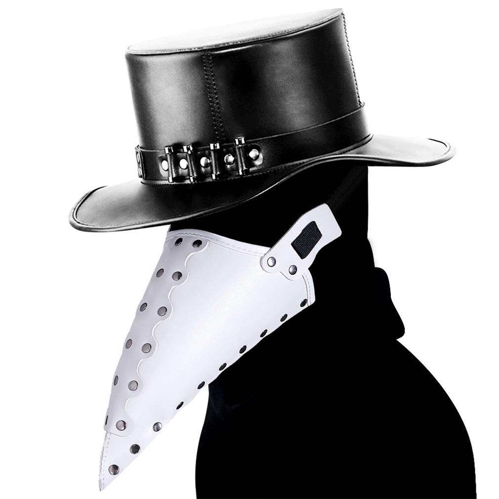 Ulalaza Plague Doctor Mask PU Leather Long Nose Bird Beak Steampunk Halloween Cosplay Party Props Costume (style3-white)