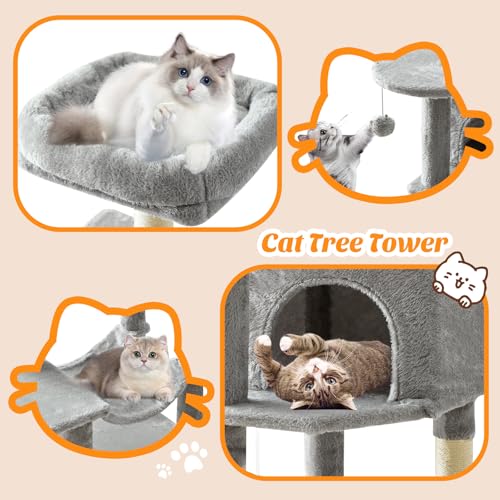 Image of Sweetcrispy 44 Inch Cat Tree Tower, Cat Climbing Tower with Natural Sisal Scratching Posts, Hammock, Pet Condo for Indoor Cats and Kittens Play, Light Grey