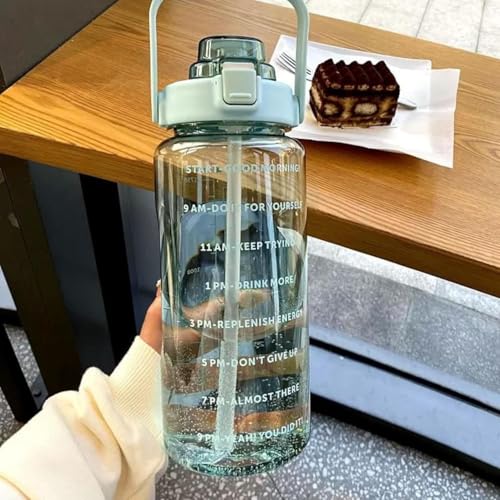 Image of 2 Litre Water Bottle with Motivational Time Marker, Straw & Handle -Leakproof, Durable, Non-Toxic, BPA-Free for Office, School, Gym, Yoga, Outdoor, Sports (GREEN)