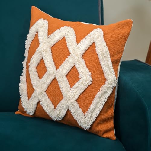 Image of Cotton Tufted Boho Cushion Cover | Embroidery Decorative Pillow for Home Decor | Hand Made Square Pillow Covers for Sofa, Chair and Bedroom (Set of 1, 18 * 18)