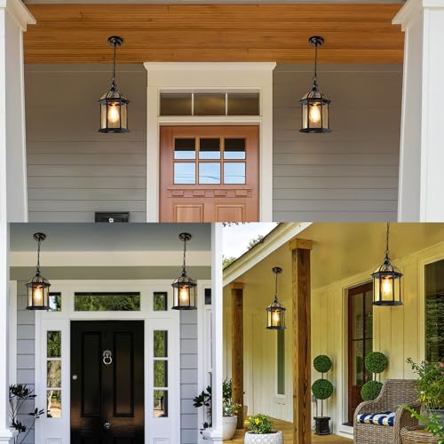 Outdoor Pendant Light Fixtures for Porch Front Door Patio Foyer Entryway Kitchen Island, Waterproof Farmhouse Exterior Hanging Lights with Adjustable Chain Anti-Rust Ceiling Mount Lantern(1 Pack)